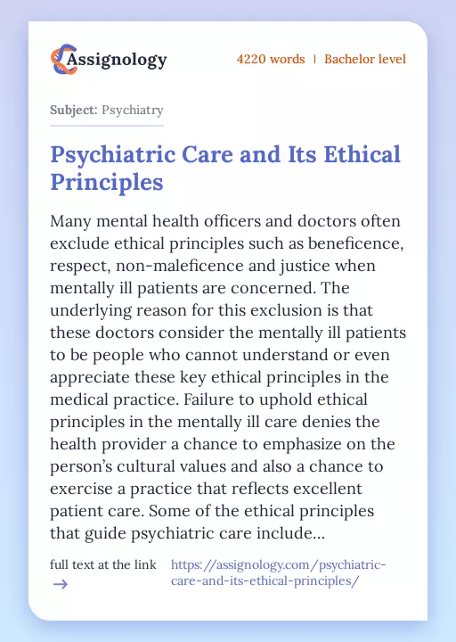 Psychiatric Care and Its Ethical Principles - Essay Preview