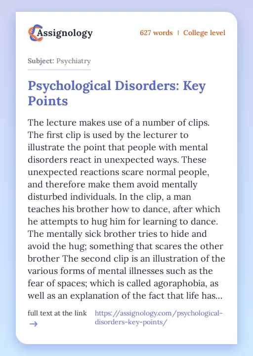 Psychological Disorders: Key Points - Essay Preview