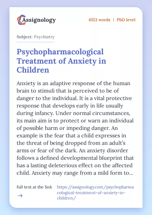 Psychopharmacological Treatment of Anxiety in Children - Essay Preview