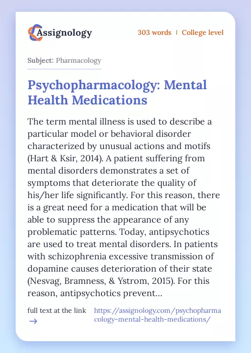 Psychopharmacology: Mental Health Medications - Essay Preview