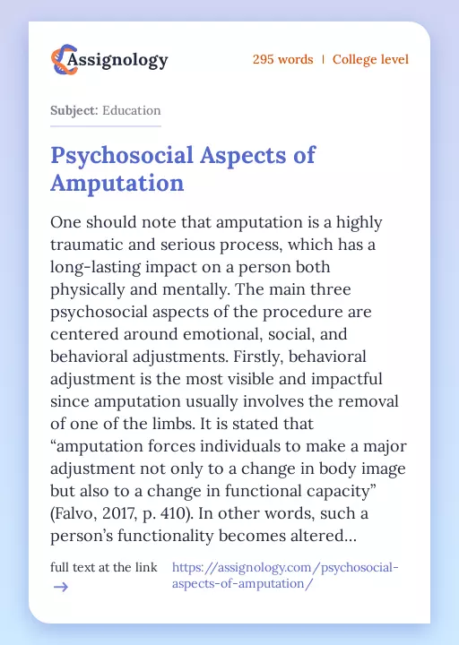 Psychosocial Aspects of Amputation - Essay Preview