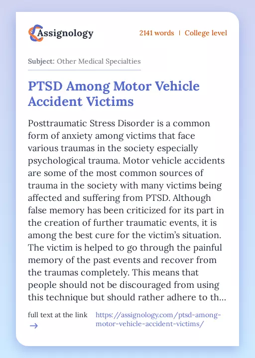 PTSD Among Motor Vehicle Accident Victims - Essay Preview