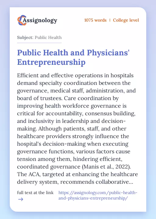 Public Health and Physicians' Entrepreneurship - Essay Preview