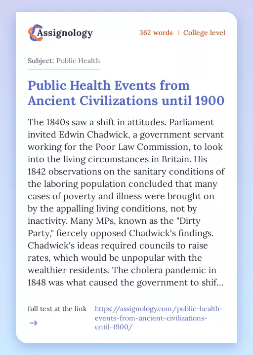 Public Health Events from Ancient Civilizations until 1900 - Essay Preview