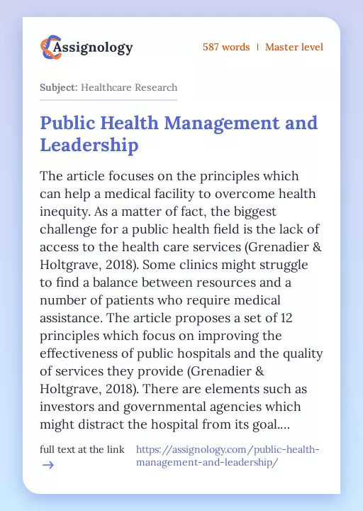 Public Health Management and Leadership - Essay Preview