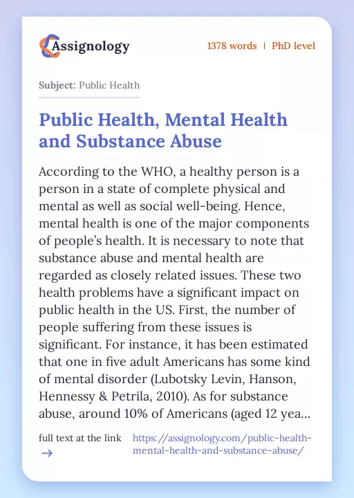 Public Health, Mental Health and Substance Abuse - Essay Preview