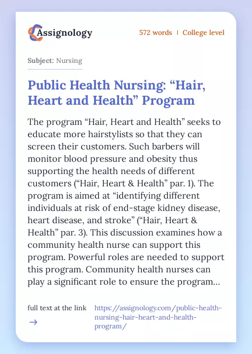 Public Health Nursing: “Hair, Heart and Health” Program - Essay Preview