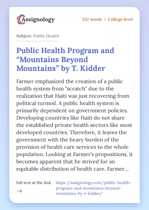 Public Health Program and “Mountains Beyond Mountains” by T. Kidder - Essay Preview