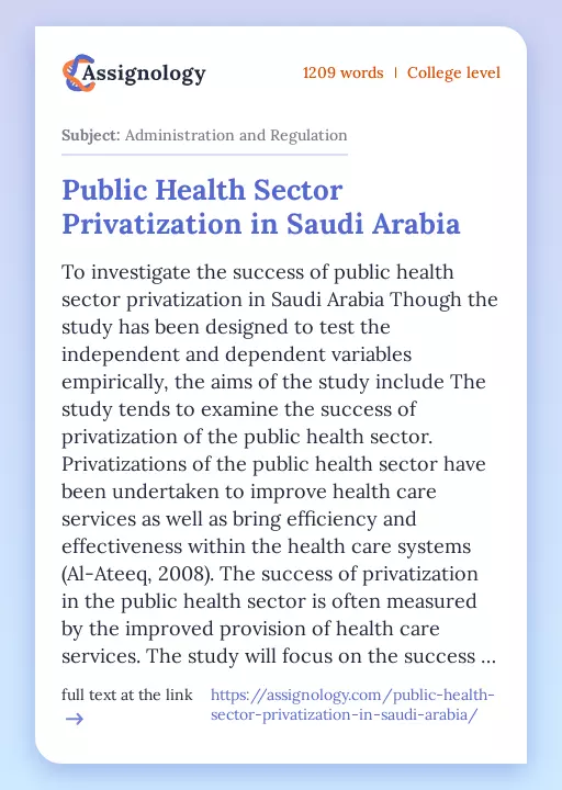 Public Health Sector Privatization in Saudi Arabia - Essay Preview