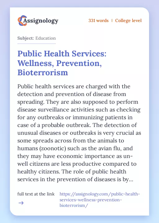 Public Health Services: Wellness, Prevention, Bioterrorism - Essay Preview