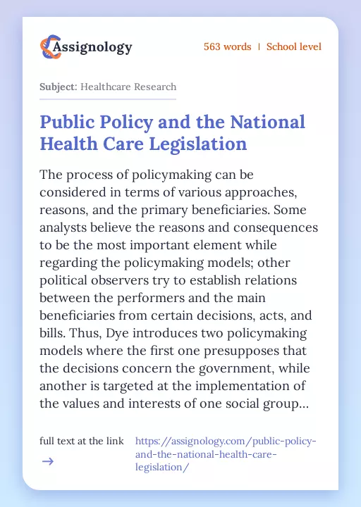 Public Policy and the National Health Care Legislation - Essay Preview