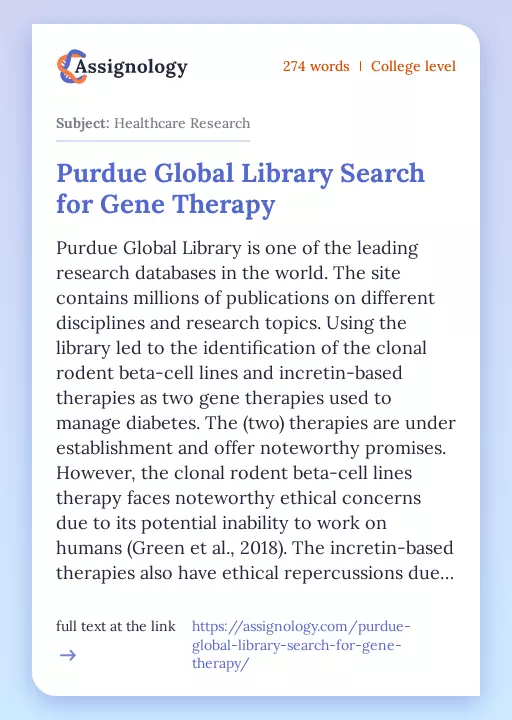 Purdue Global Library Search for Gene Therapy - Essay Preview