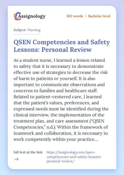 QSEN Competencies and Safety Lessons: Personal Review - Essay Preview