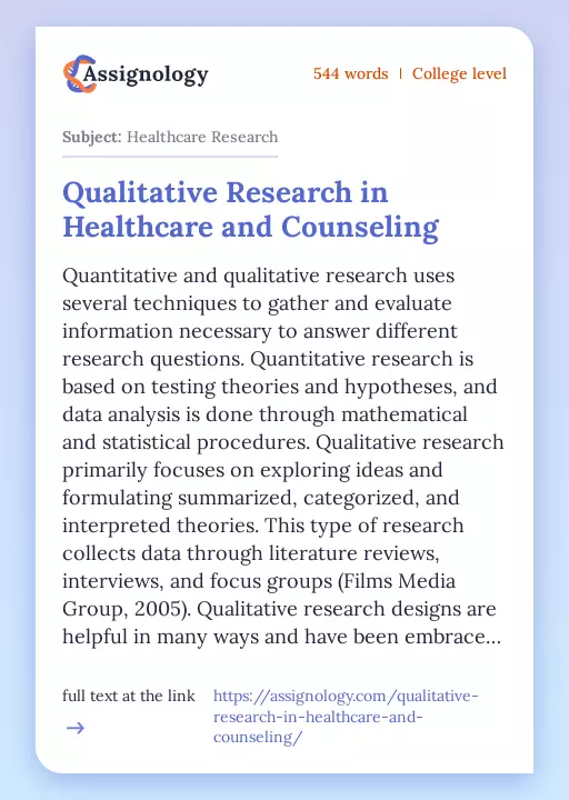 Qualitative Research in Healthcare and Counseling - Essay Preview