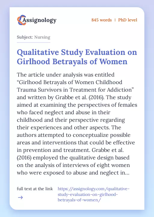 Qualitative Study Evaluation on Girlhood Betrayals of Women - Essay Preview