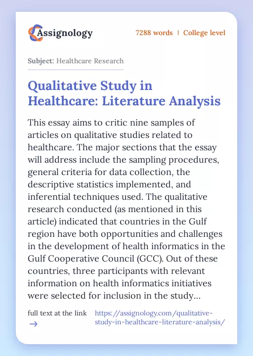 Qualitative Study in Healthcare: Literature Analysis - Essay Preview