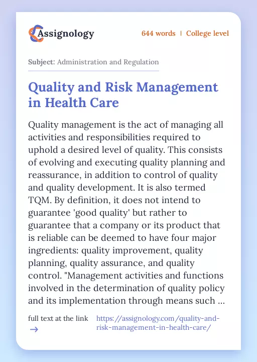 Quality and Risk Management in Health Care - Essay Preview
