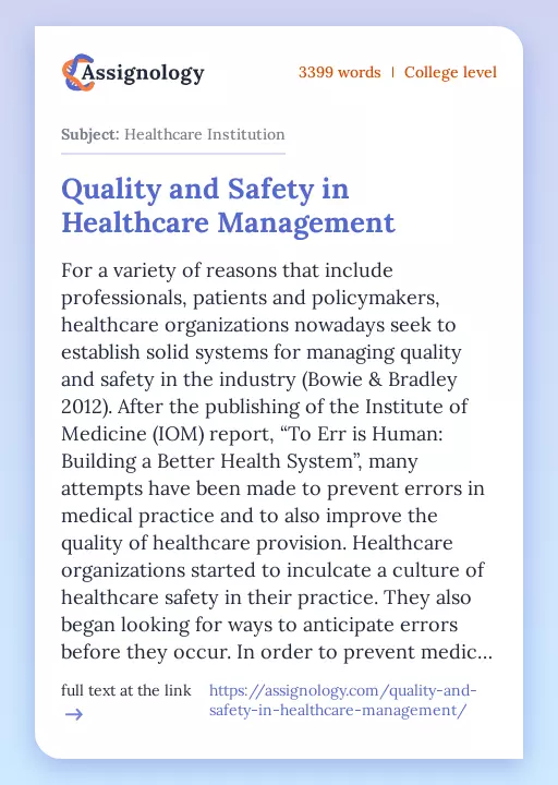 Quality and Safety in Healthcare Management - Essay Preview