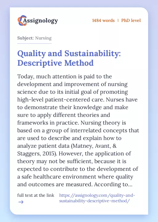 Quality and Sustainability: Descriptive Method - Essay Preview