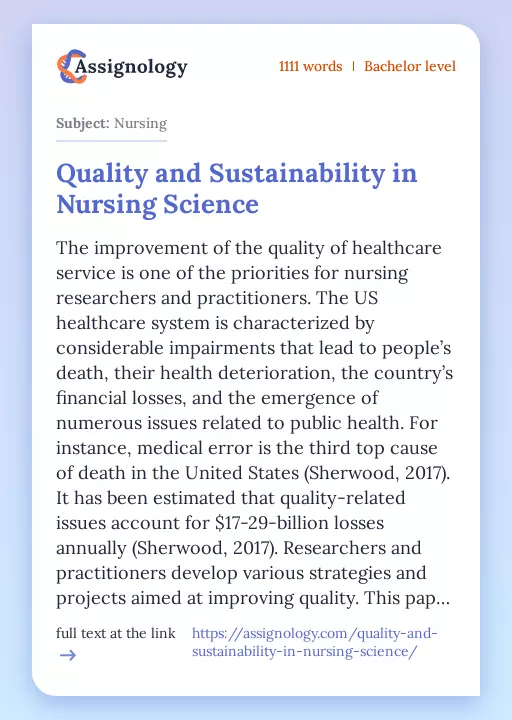 Quality and Sustainability in Nursing Science - Essay Preview