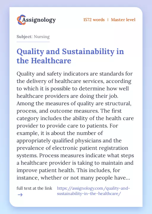 Quality and Sustainability in the Healthcare - Essay Preview