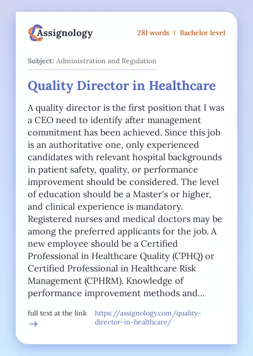 Quality Director in Healthcare - Essay Preview
