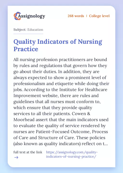 Quality Indicators of Nursing Practice - Essay Preview