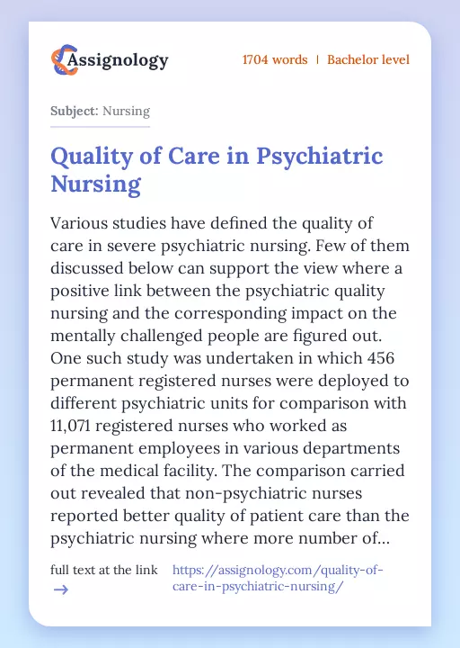 Quality of Care in Psychiatric Nursing - Essay Preview