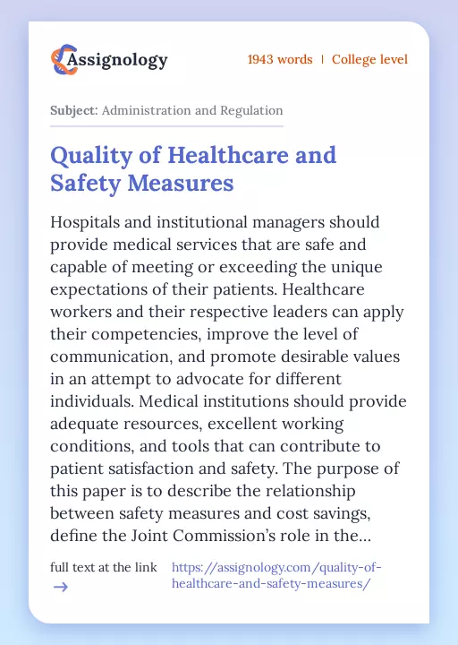 Quality of Healthcare and Safety Measures - Essay Preview