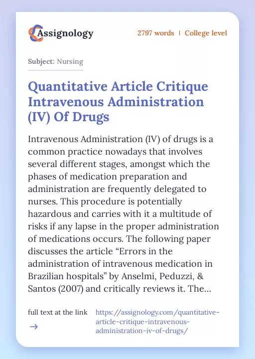Quantitative Article Critique Intravenous Administration (IV) Of Drugs - Essay Preview