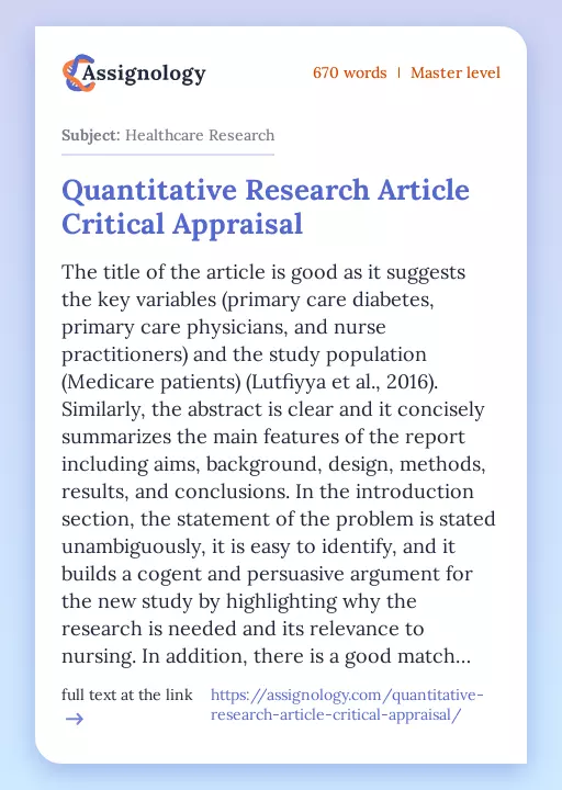 Quantitative Research Article Critical Appraisal - Essay Preview