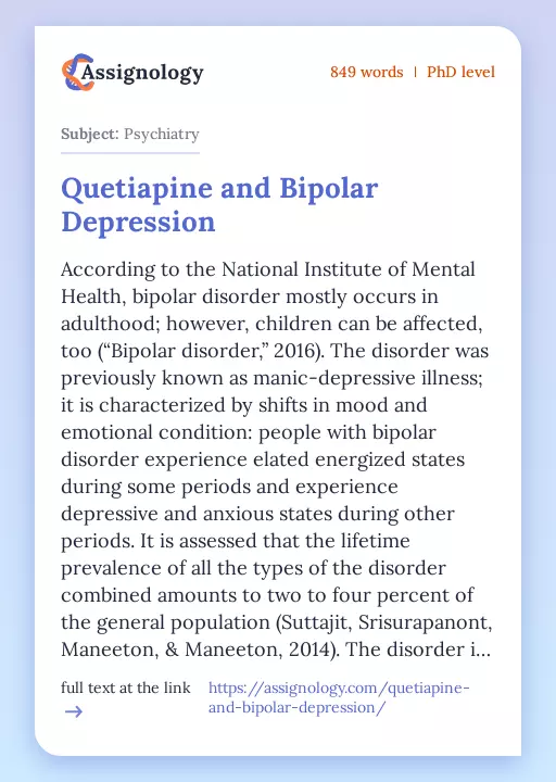 Quetiapine and Bipolar Depression - Essay Preview