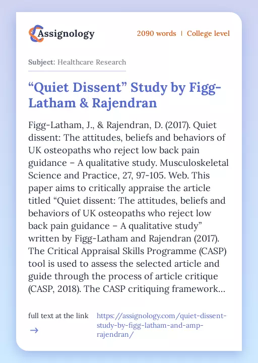 “Quiet Dissent” Study by Figg-Latham & Rajendran - Essay Preview