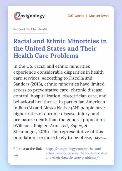 Racial and Ethnic Minorities in the United States and Their Health Care Problems - Essay Preview