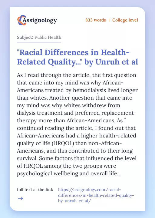 "Racial Differences in Health-Related Quality..." by Unruh et al - Essay Preview