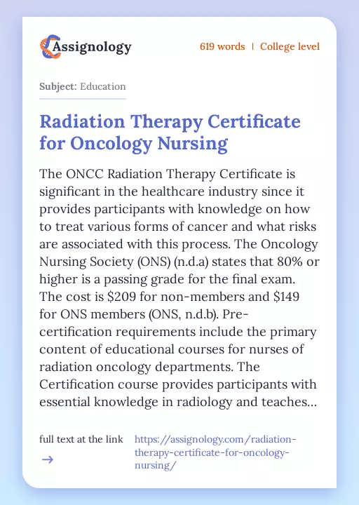 Radiation Therapy Certificate for Oncology Nursing - Essay Preview