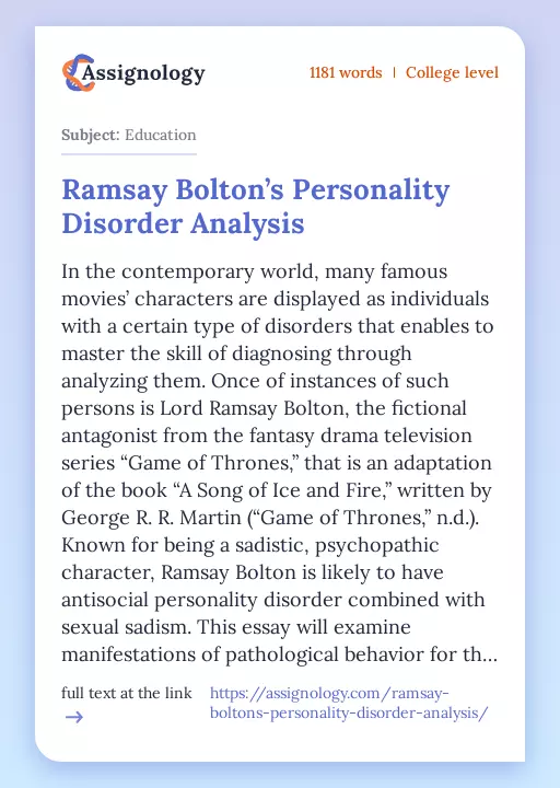 Ramsay Bolton’s Personality Disorder Analysis - Essay Preview