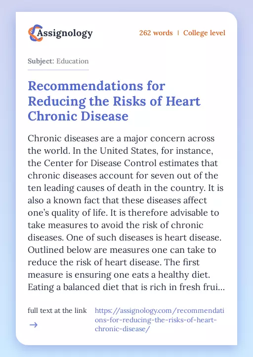 Recommendations for Reducing the Risks of Heart Chronic Disease - Essay Preview