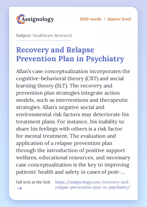 Recovery and Relapse Prevention Plan in Psychiatry - Essay Preview