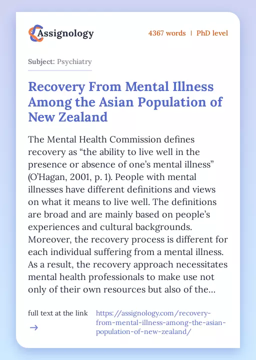 Recovery From Mental Illness Among the Asian Population of New Zealand - Essay Preview