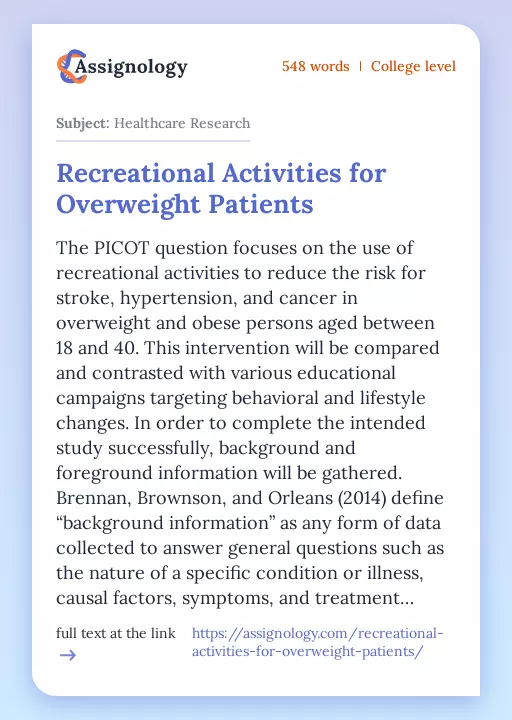 Recreational Activities for Overweight Patients - Essay Preview