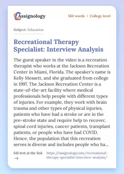 Recreational Therapy Specialist: Interview Analysis - Essay Preview