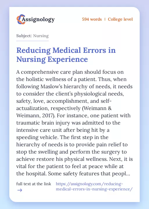 Reducing Medical Errors in Nursing Experience - Essay Preview