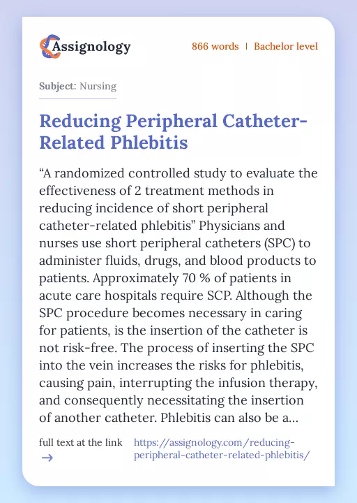 Reducing Peripheral Catheter-Related Phlebitis - Essay Preview