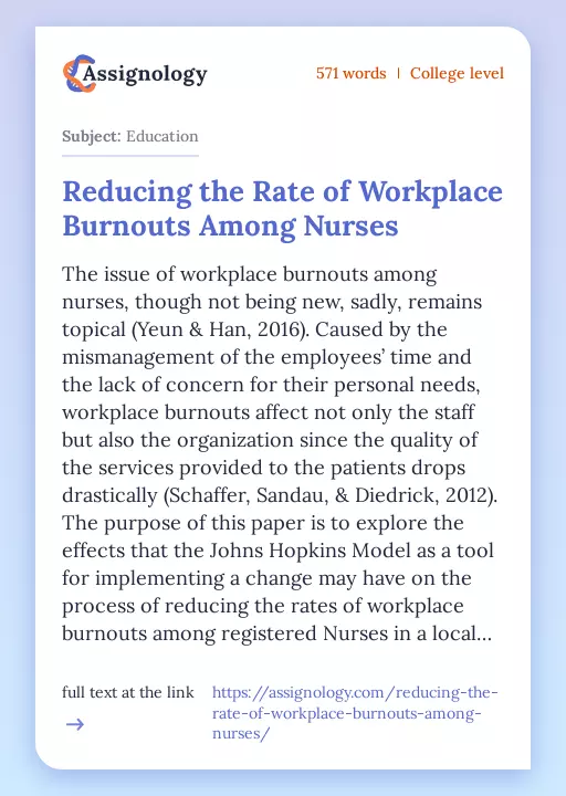 Reducing the Rate of Workplace Burnouts Among Nurses - Essay Preview