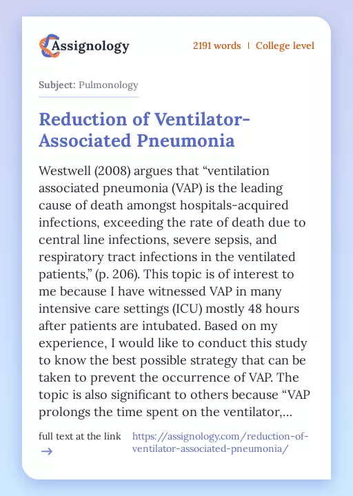 Reduction of Ventilator-Associated Pneumonia - Essay Preview
