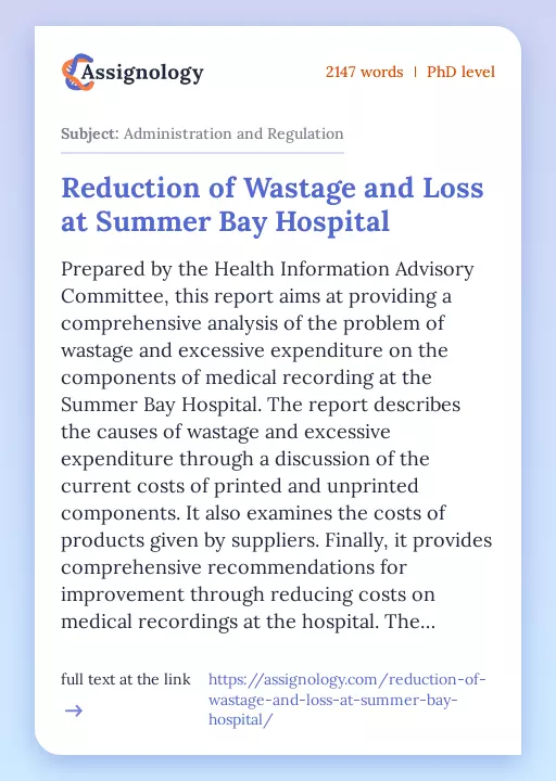 Reduction of Wastage and Loss at Summer Bay Hospital - Essay Preview