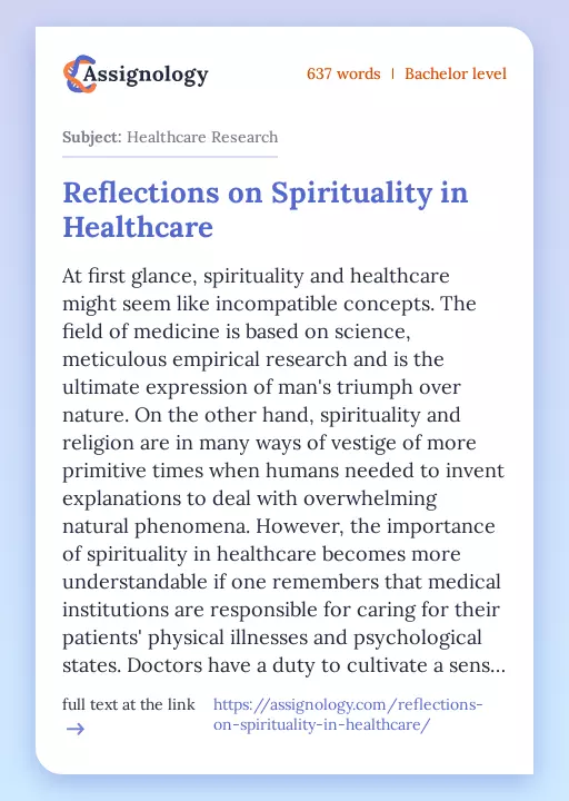 Reflections on Spirituality in Healthcare - Essay Preview