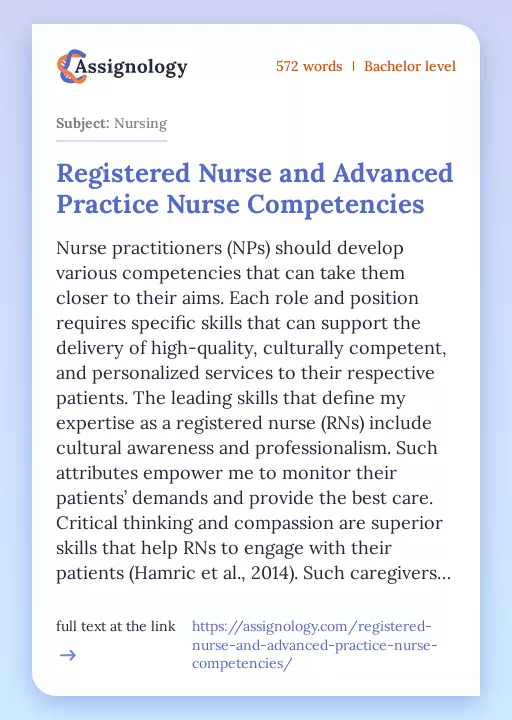 Registered Nurse and Advanced Practice Nurse Competencies - Essay Preview
