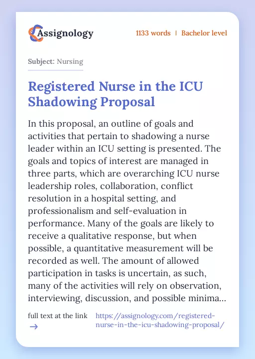 Registered Nurse in the ICU Shadowing Proposal - Essay Preview
